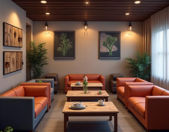 居心地の良いソファとコーヒーテーブルが置かれたカフェのラウンジエリア